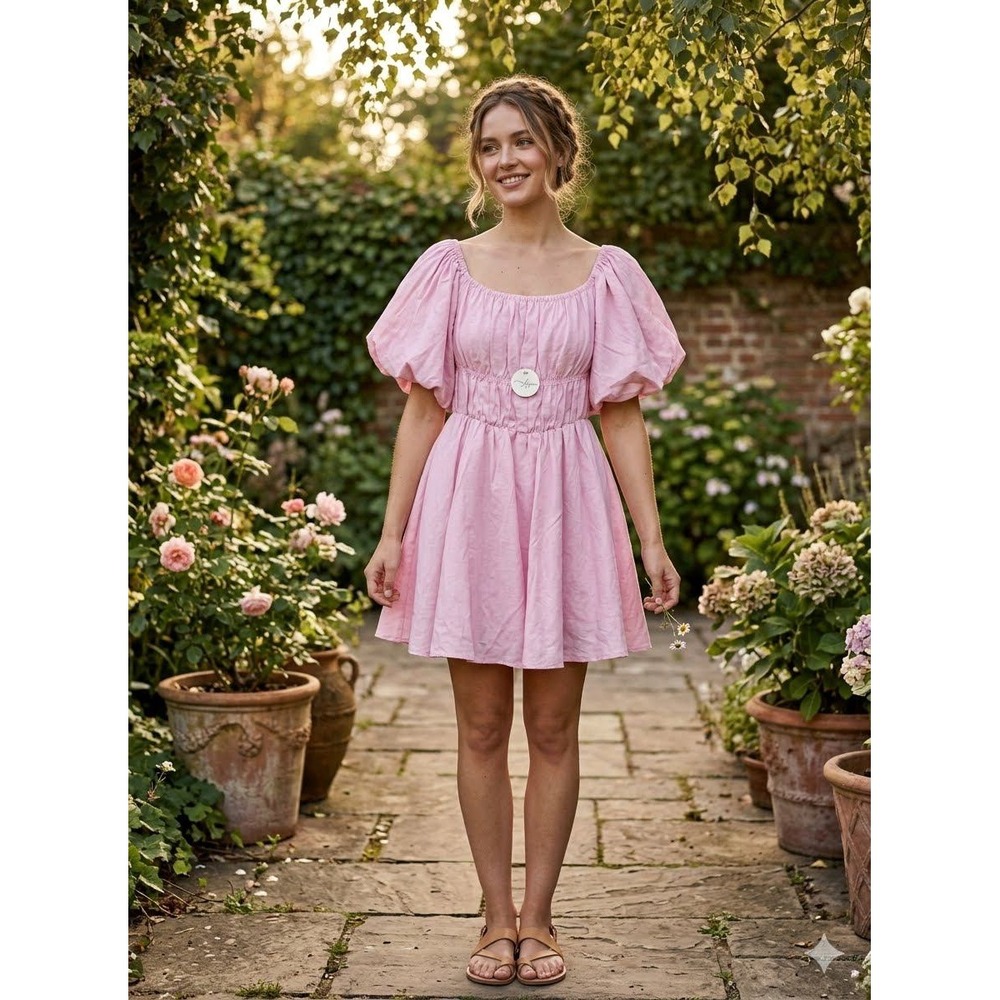 Aiyana Pink Smocked Puff Sleeve Mini Dress Tulle Trim S/8 Size 4 NEW